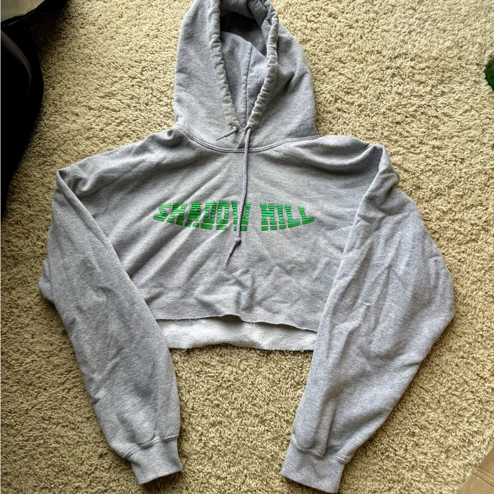 Gray Cropped Shadow Hill logo Hoodie Sweatshirt with Green Text